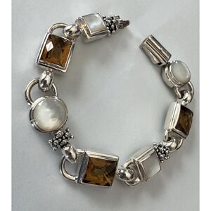 Michael Dawkins 925 Smoky Quartz Mother of Pearl Chunky Link Bracelet 7.5"